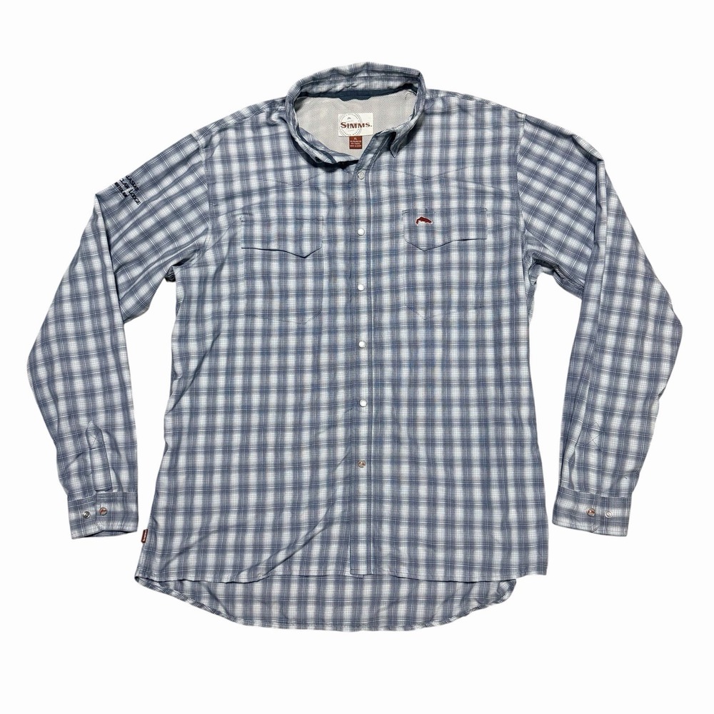 Simms Fishing Shirt Men's XL Blue Plaid Snap Front Alaska's Bearclaw Lodge LS